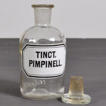 Vintage Apothekerglas mit Glasstöpsel, beschriftet Tinc. Pimpinell.