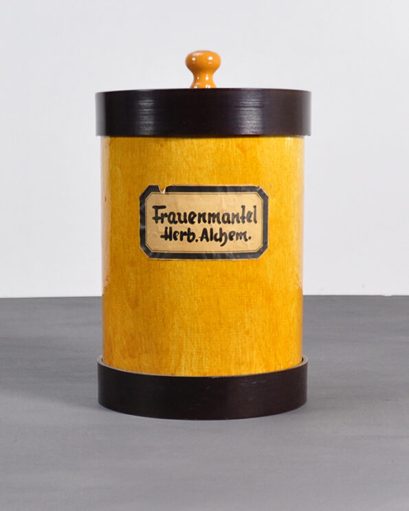 Kräuterdose Bakelit Deckel und Korpus Pappe Frauenmantel
